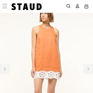 STAUD Orange Linen Mini Dress with White Cutout Hem